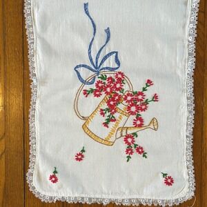 Vintage Embroidered Watering Can Runner with Red Flowers 33x12 Farmhouse Retro